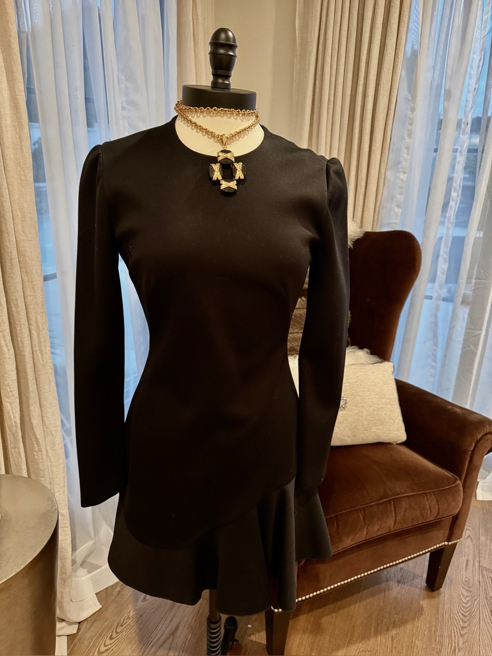 Alexander McQueen Black Long-Sleeve Ruffle-Hem Dress - Size 44